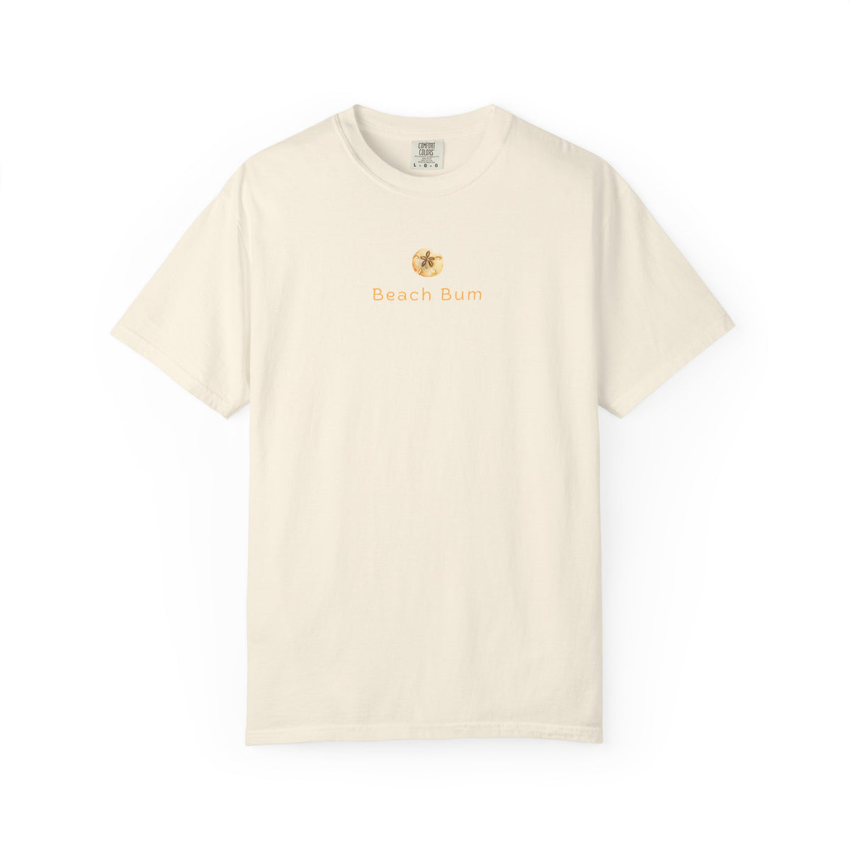 An off-white short-sleeve crewneck t-shirt with a small gold graphic and 'Beach Bum' text printed on the center chest, displayed against a solid white background.