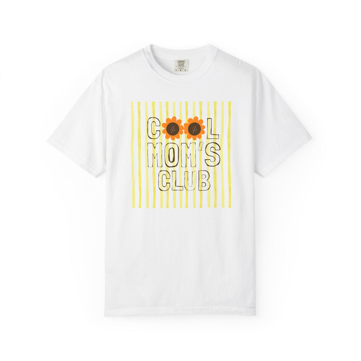 A white short-sleeve crewneck t-shirt featuring a graphic print on the front with yellow vertical stripes, the text 'COOL MOM'S CLUB' in black outline letters, and two sunflower graphics replacing the 'O's.