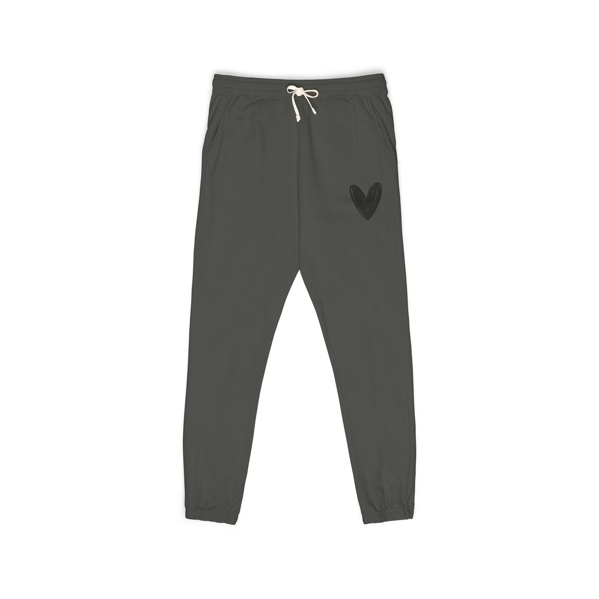 Dark gray jogger pants with a white drawstring and a black 'NEW DAY' logo on the left thigh, shown flat on a white background.