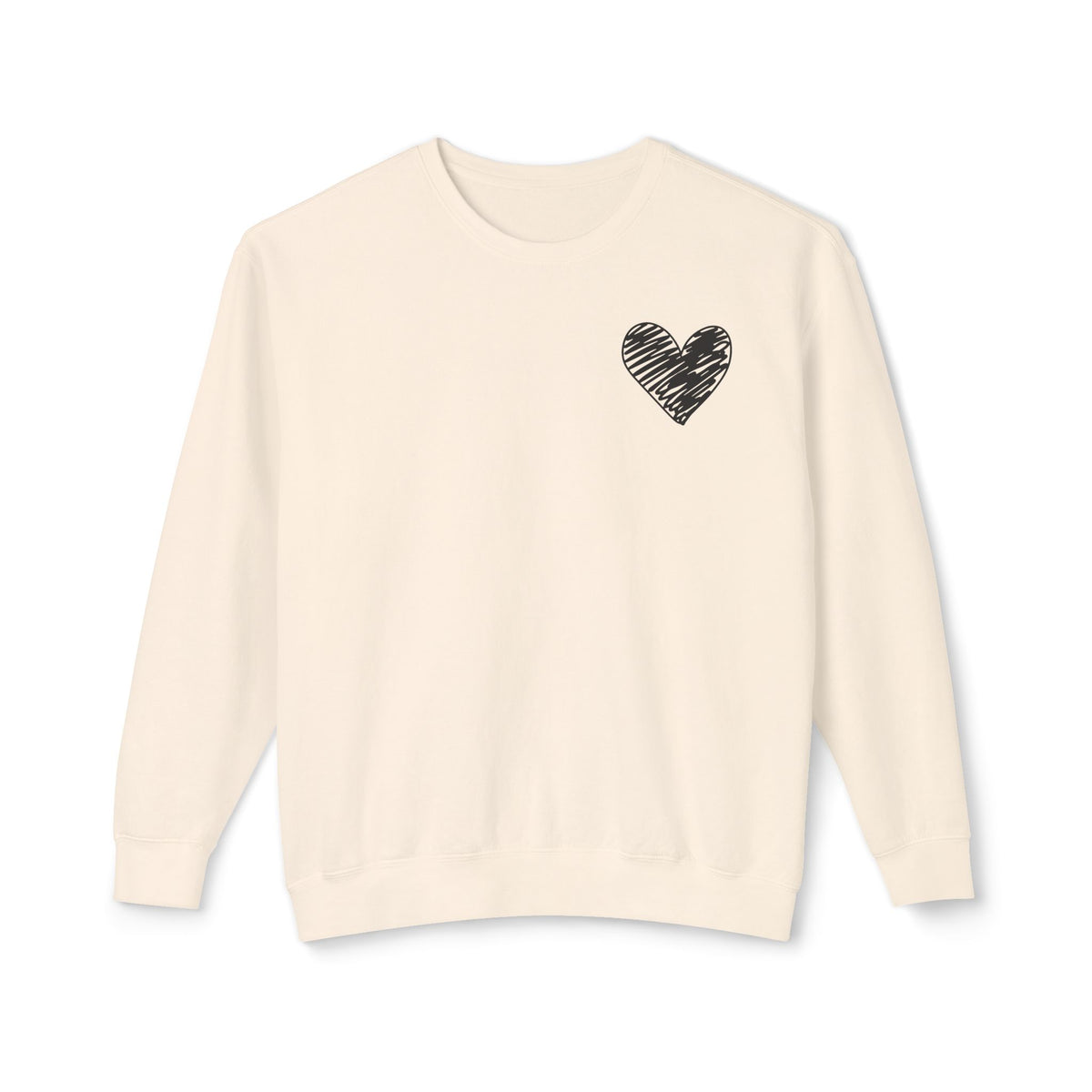An off-white crewneck sweatshirt with a small black hand-drawn heart on the left chest, displayed on a clean white background.