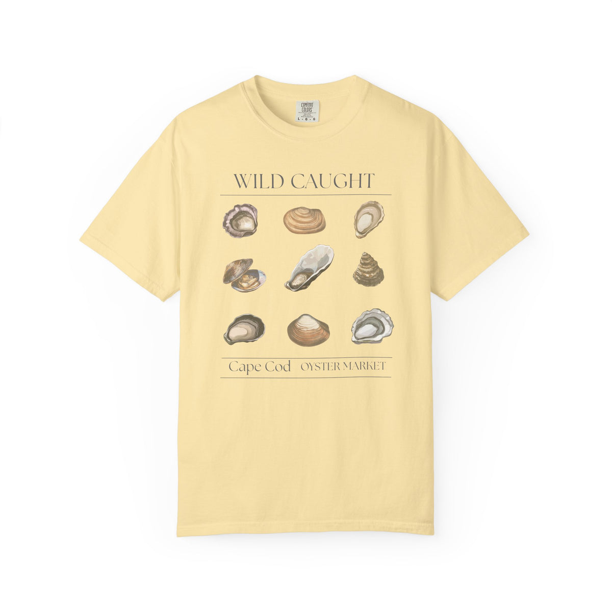 Yellow t-shirt with oyster illustrations and text on a white background