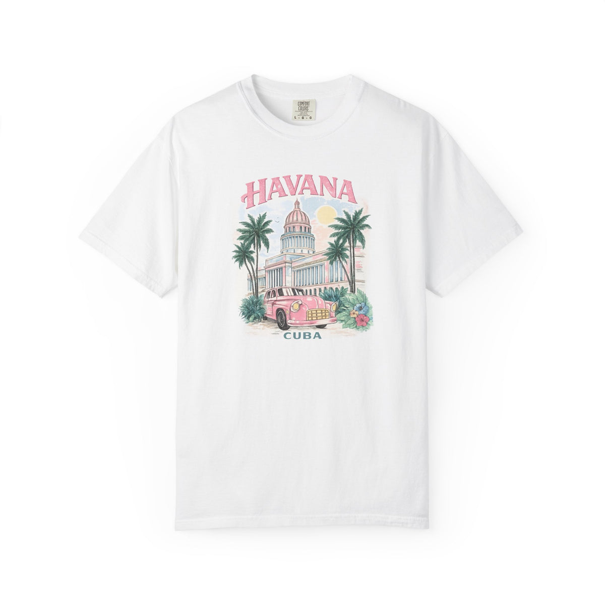 White t-shirt with 'Havana Cuba' graphic design on a white background