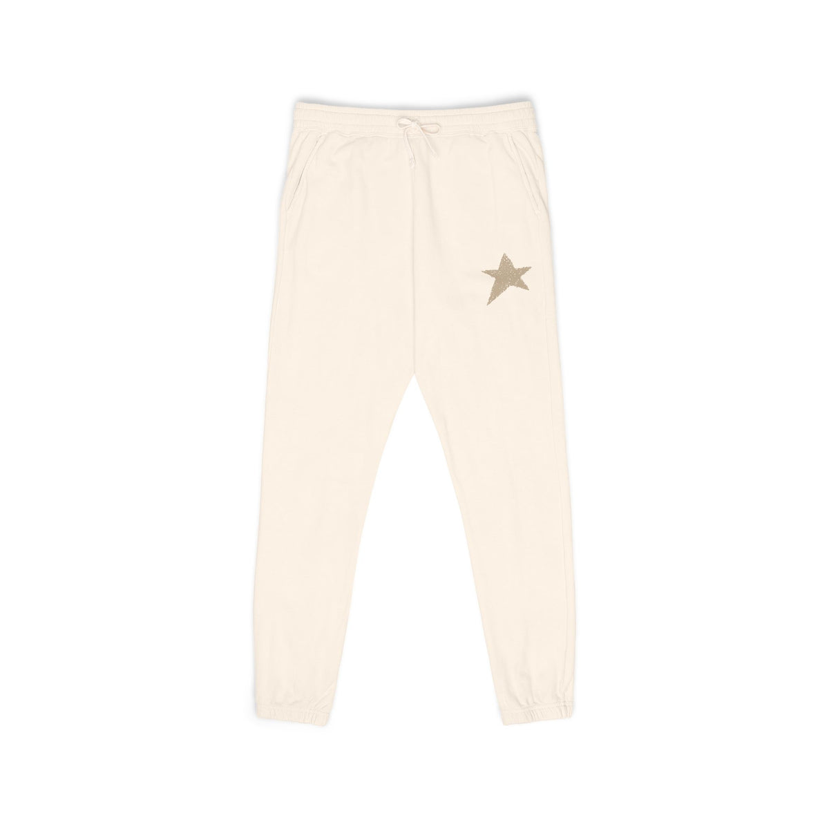 Cream-colored jogger pants with a small gold star embroidered on the left hip, shown against a plain white background.