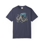 Navy blue t-shirt with an octopus wearing a blue beanie on a white background