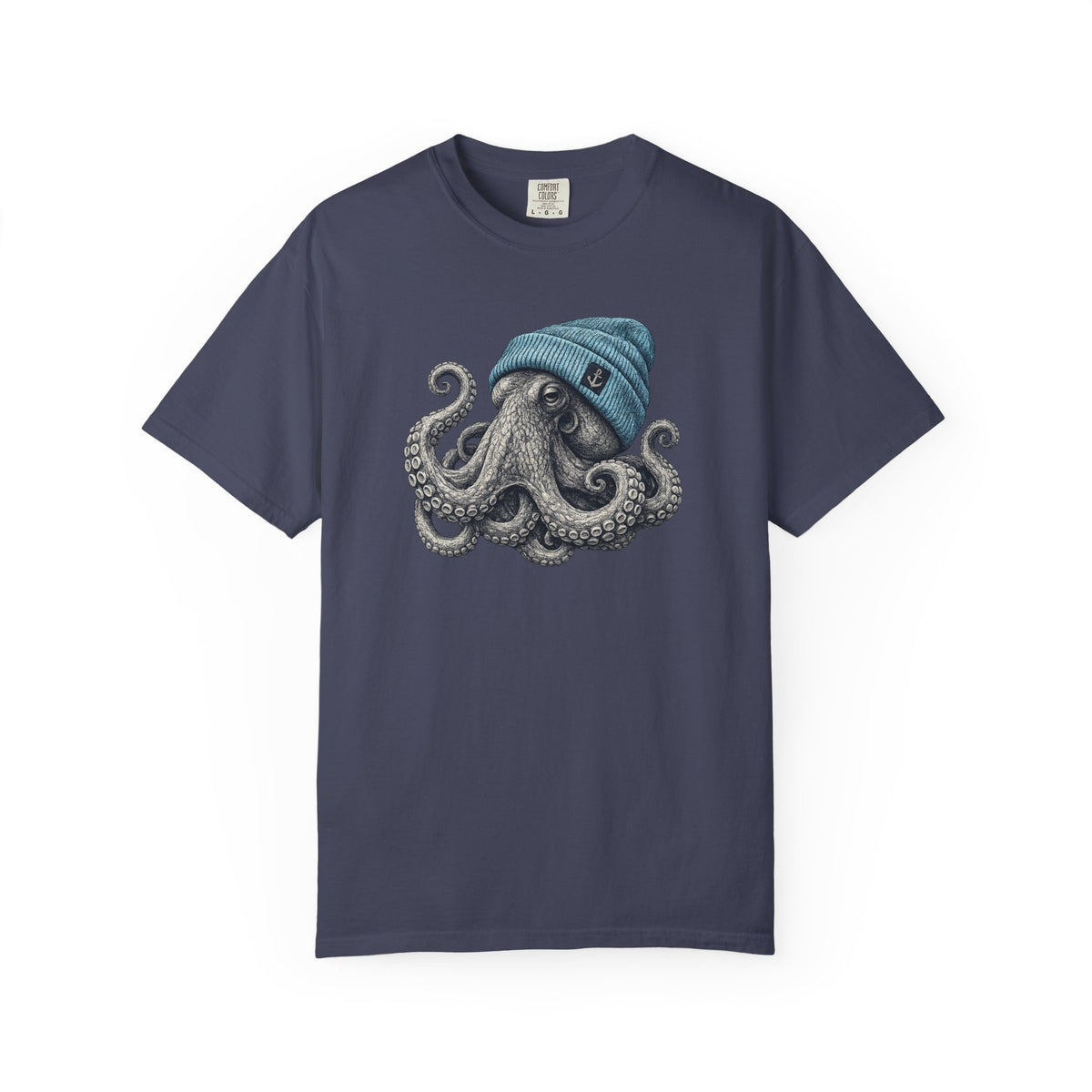 Navy blue t-shirt with an octopus wearing a blue beanie on a white background