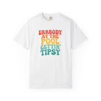 White t-shirt with colorful text design on a white background