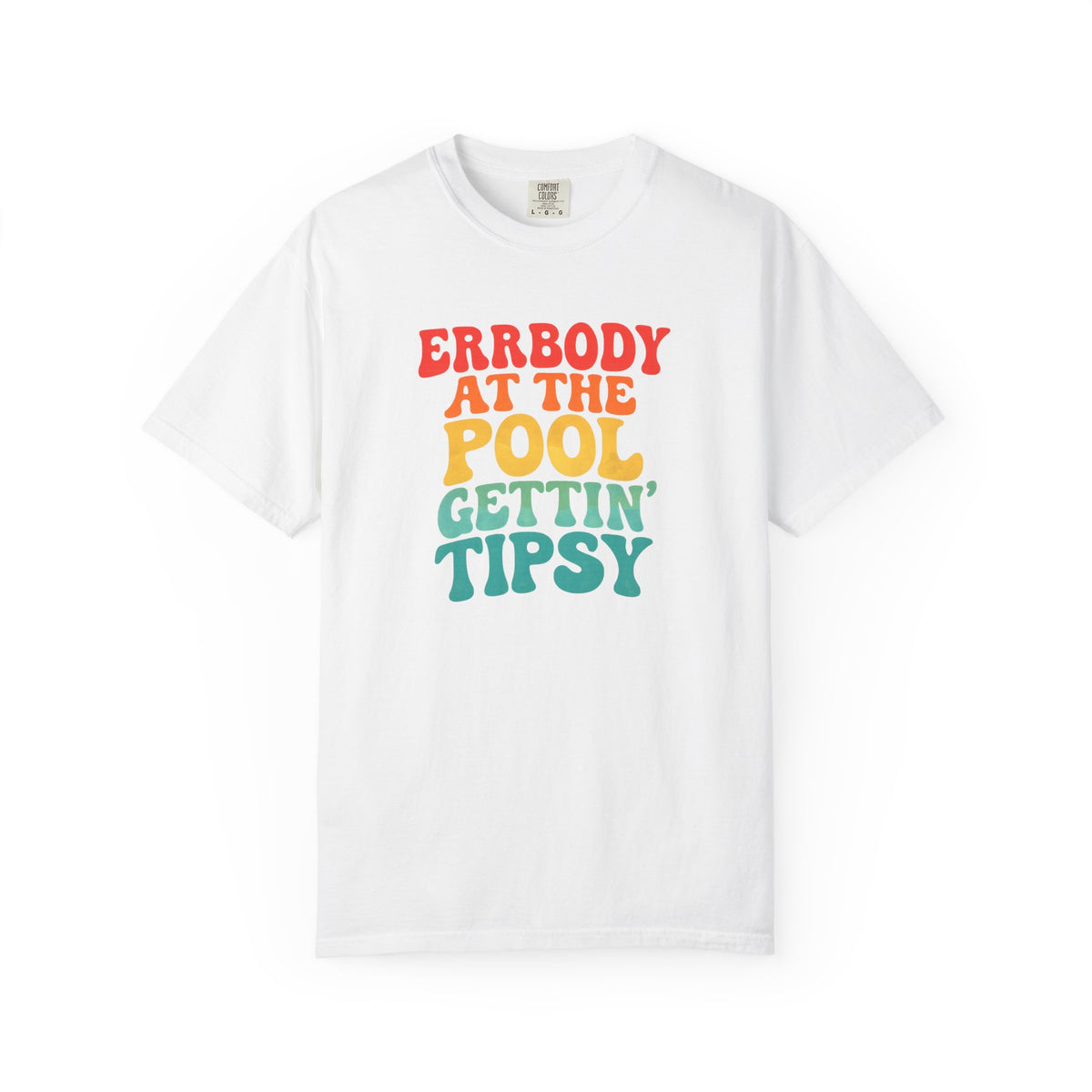 White t-shirt with colorful text design on a white background