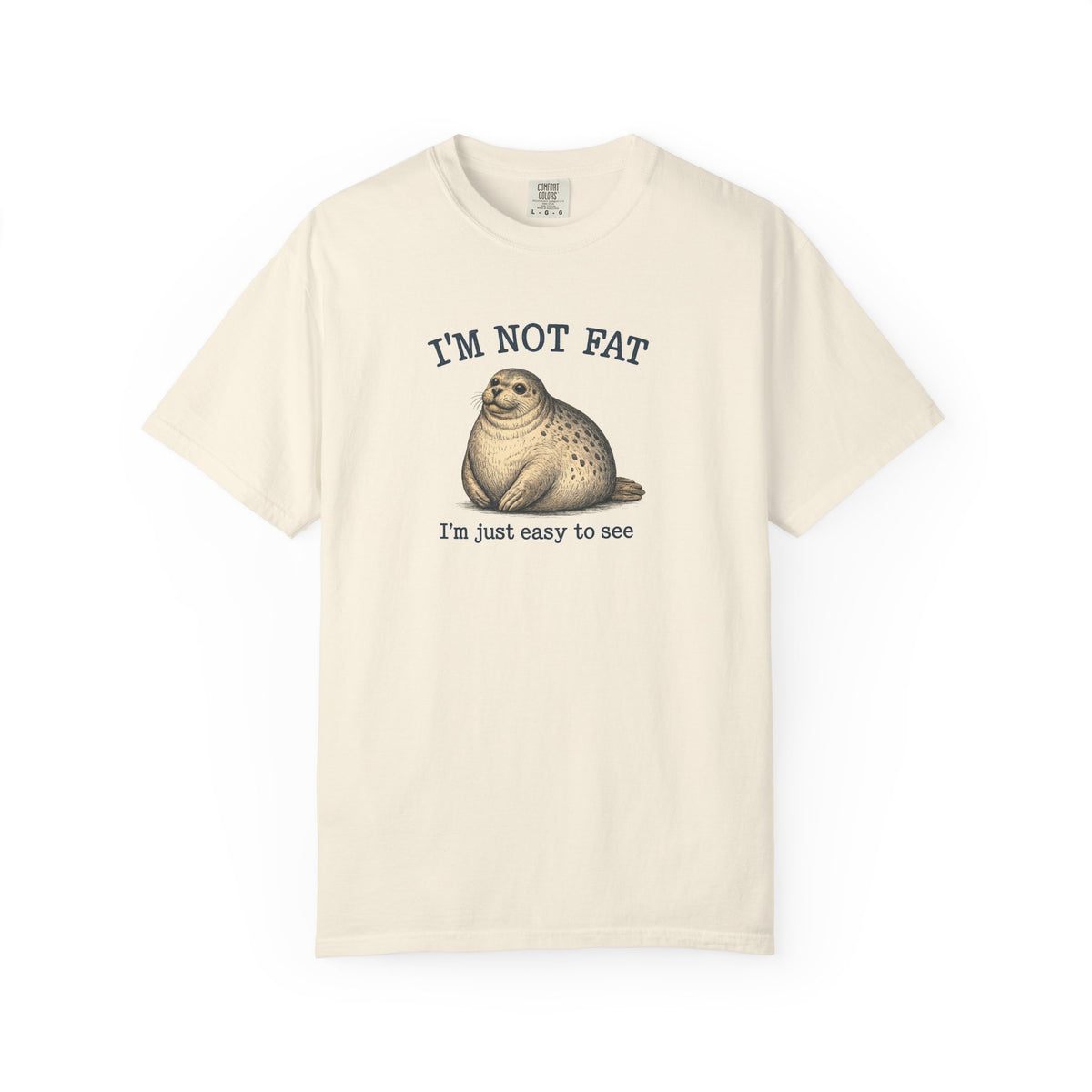 Beige t-shirt with a seal graphic and text on a white background