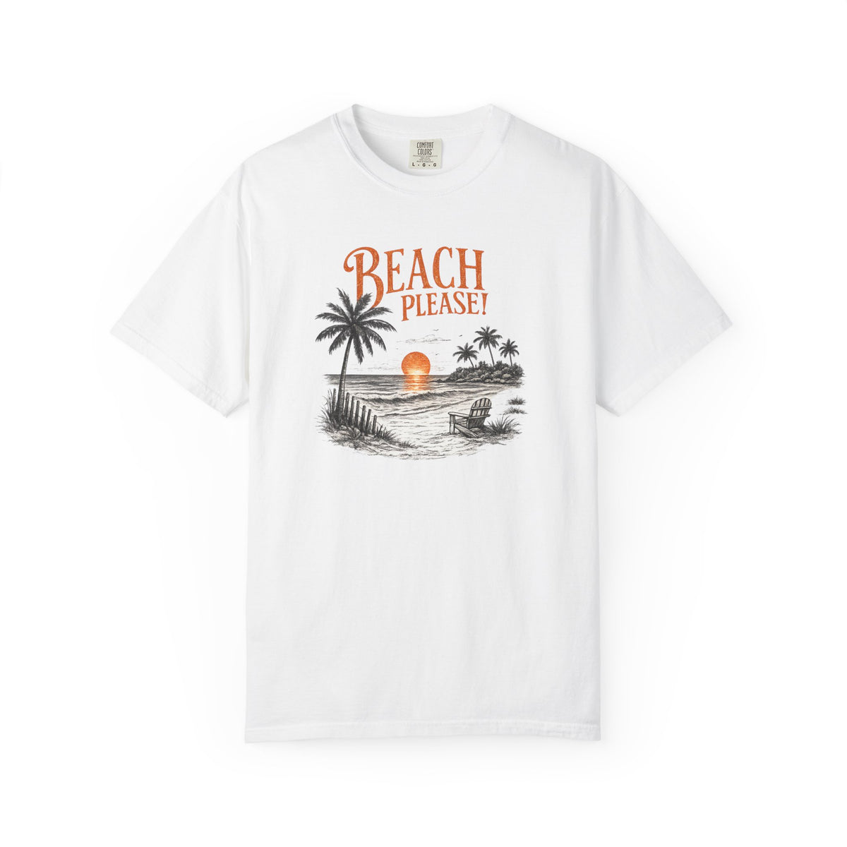 White t-shirt with beach graphic and 'Beach Please!' text on a white background