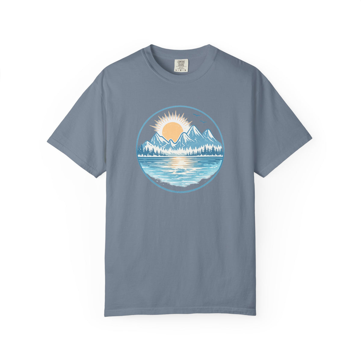 Sunset Mountain Lake T-Shirt- Blue Graphic Lake Tee