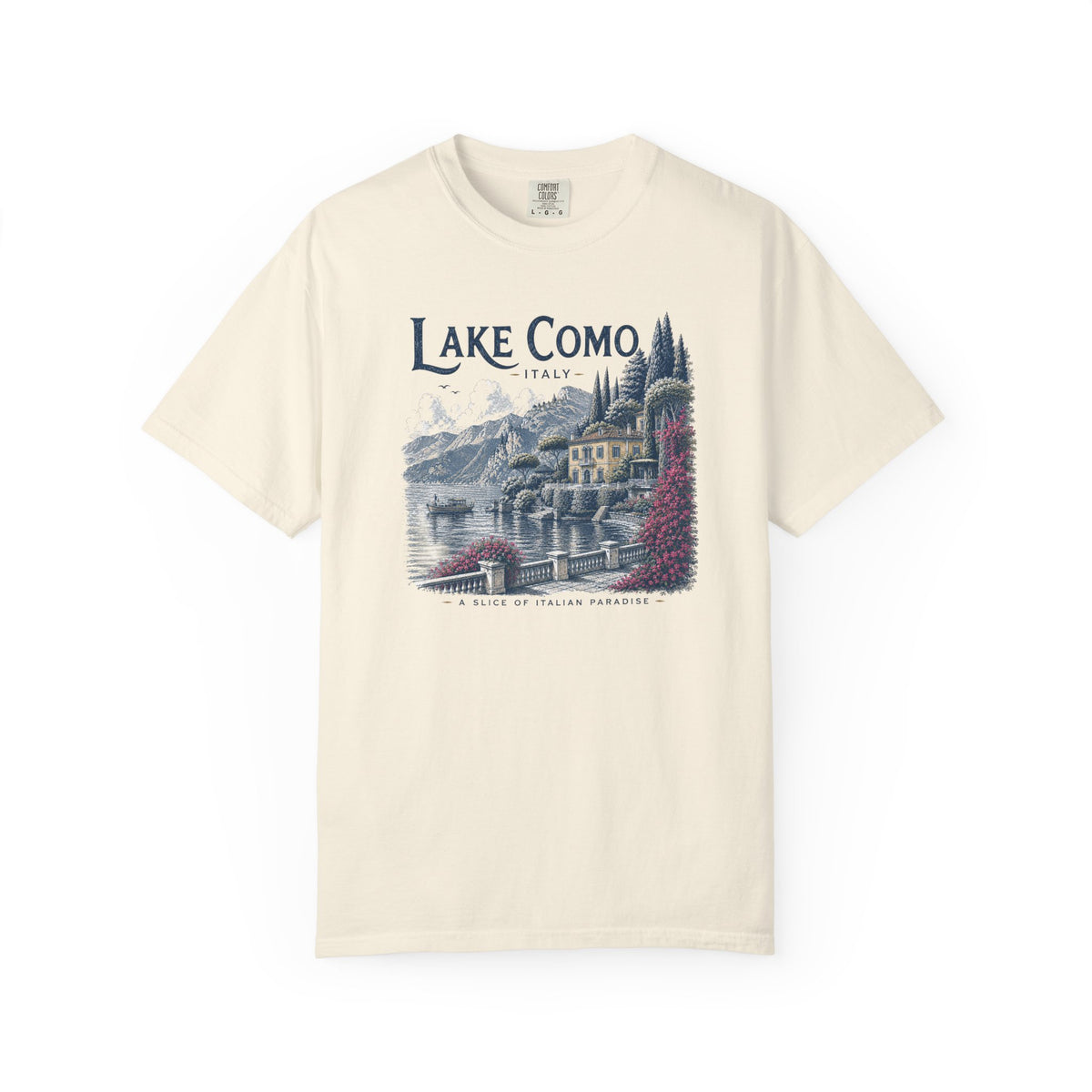 Beige t-shirt with Lake Como graphic design on a white background