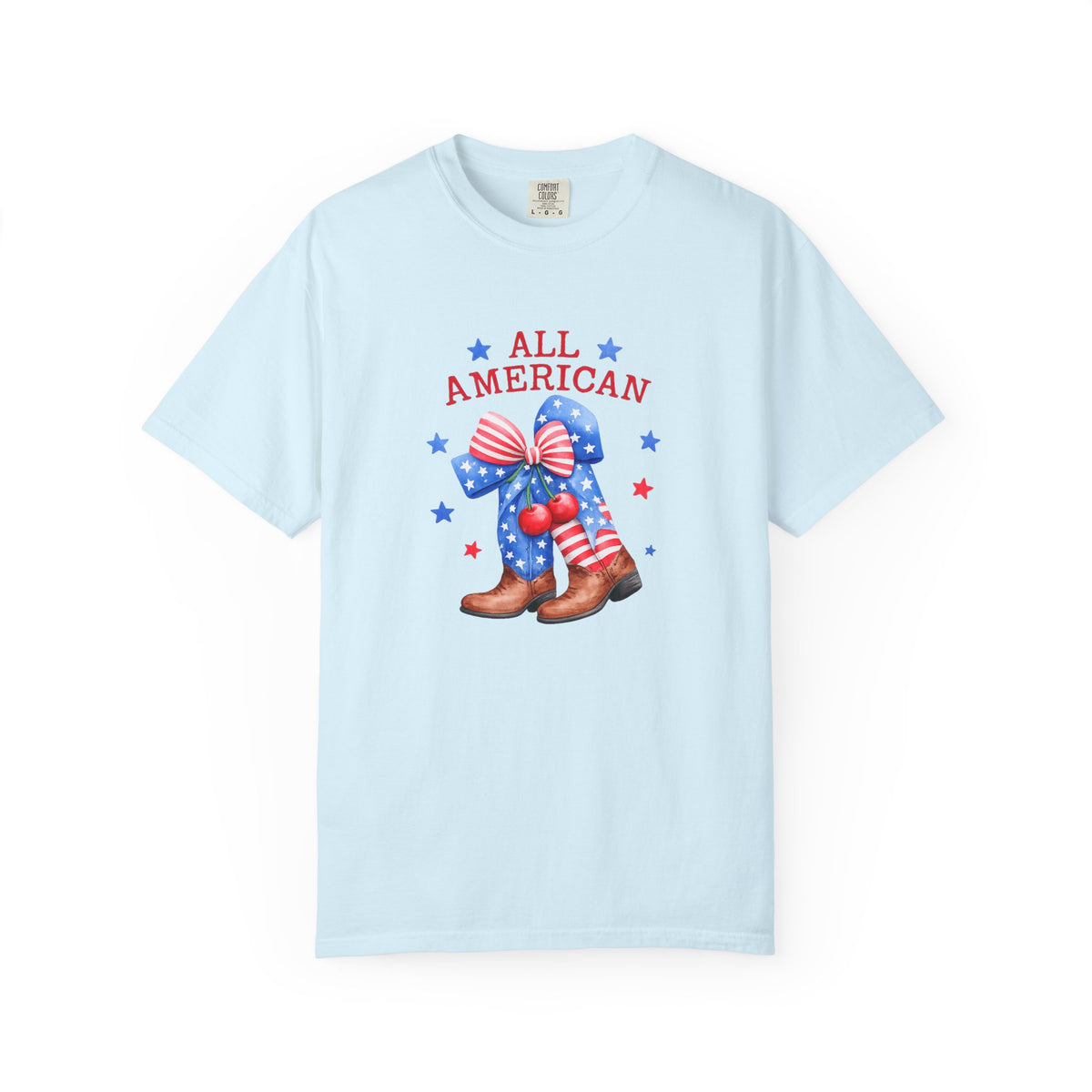 Light blue t-shirt with 'All American' graphic on a white background
