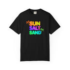 Black t-shirt with colorful 'Sun Salt Sand' text and palm tree graphics on a white background