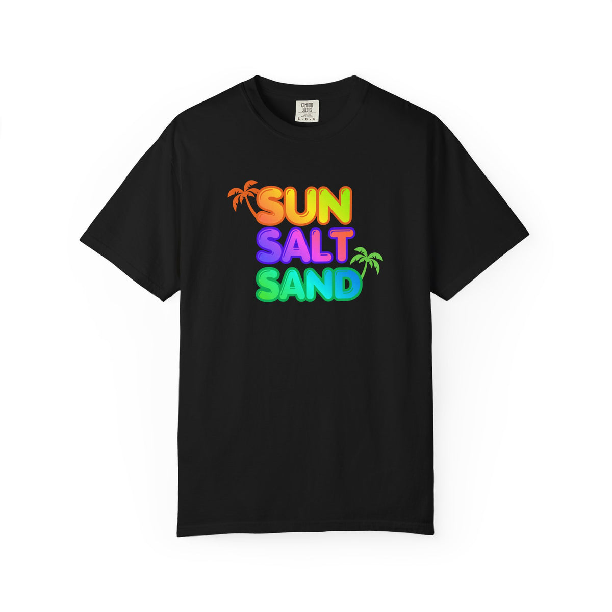Black t-shirt with colorful 'Sun Salt Sand' text and palm tree graphics on a white background