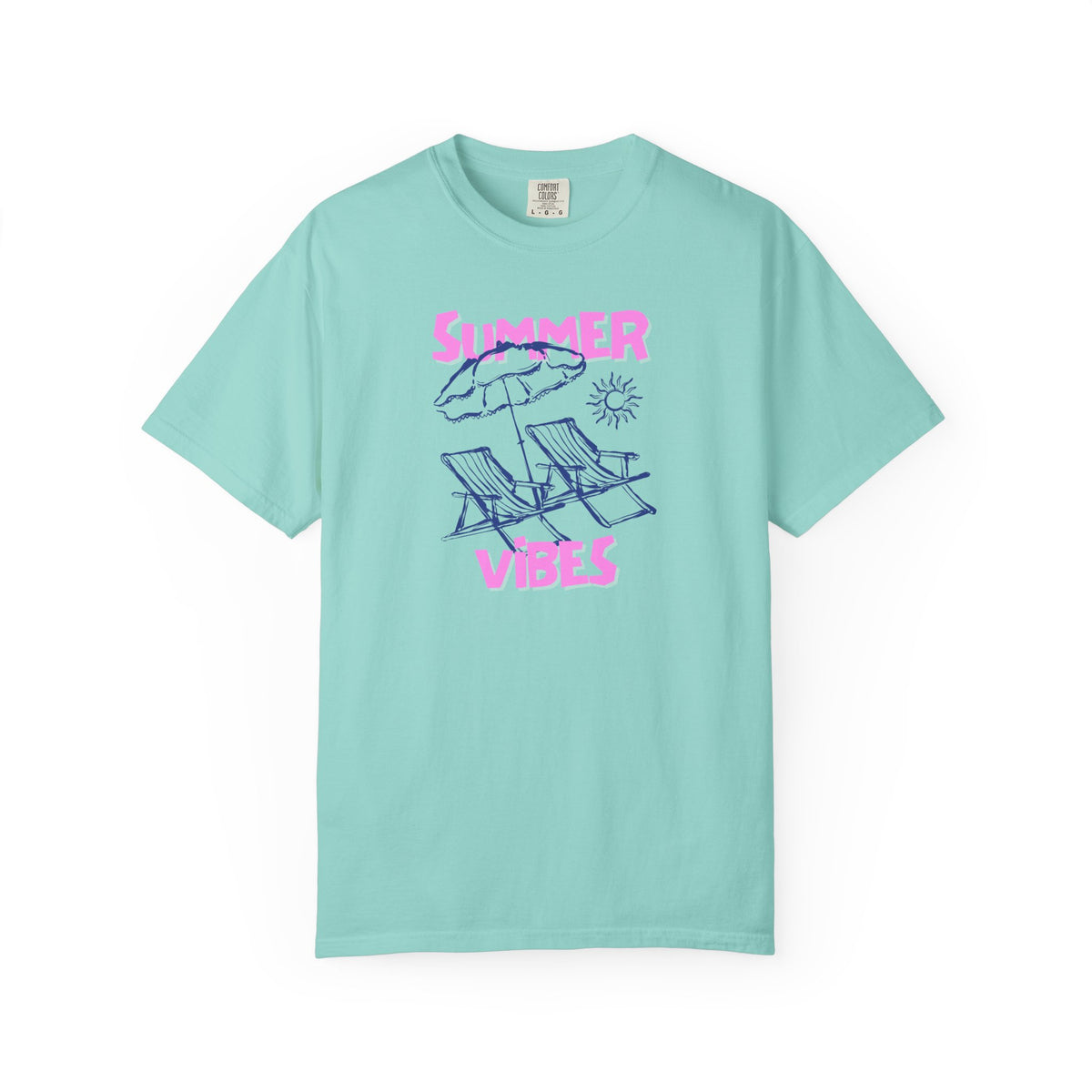 Mint green t-shirt with 'Summer Vibes' graphic on a white background