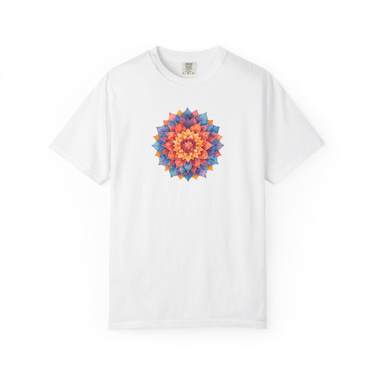 White t-shirt with a colorful mandala design on a white background