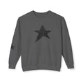 A dark gray crewneck sweatshirt featuring a textured black star graphic on the center chest and a smaller matching star on the left sleeve, displayed against a plain white background.