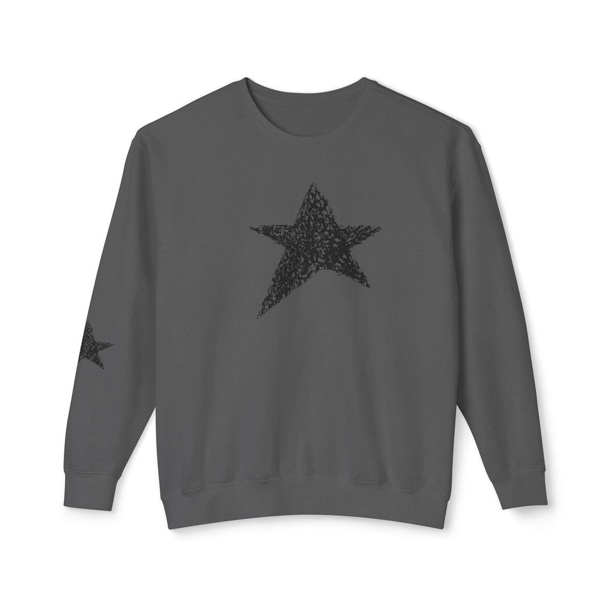 A dark gray crewneck sweatshirt featuring a textured black star graphic on the center chest and a smaller matching star on the left sleeve, displayed against a plain white background.