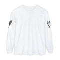A white long-sleeve crewneck t-shirt with a dark gray abstract heart graphic on the right sleeve and a stylized 'V' logo on the left sleeve, shown against a plain white background.