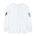 A white long-sleeve crewneck t-shirt with a dark gray abstract heart graphic on the right sleeve and a stylized 'V' logo on the left sleeve, shown against a plain white background.