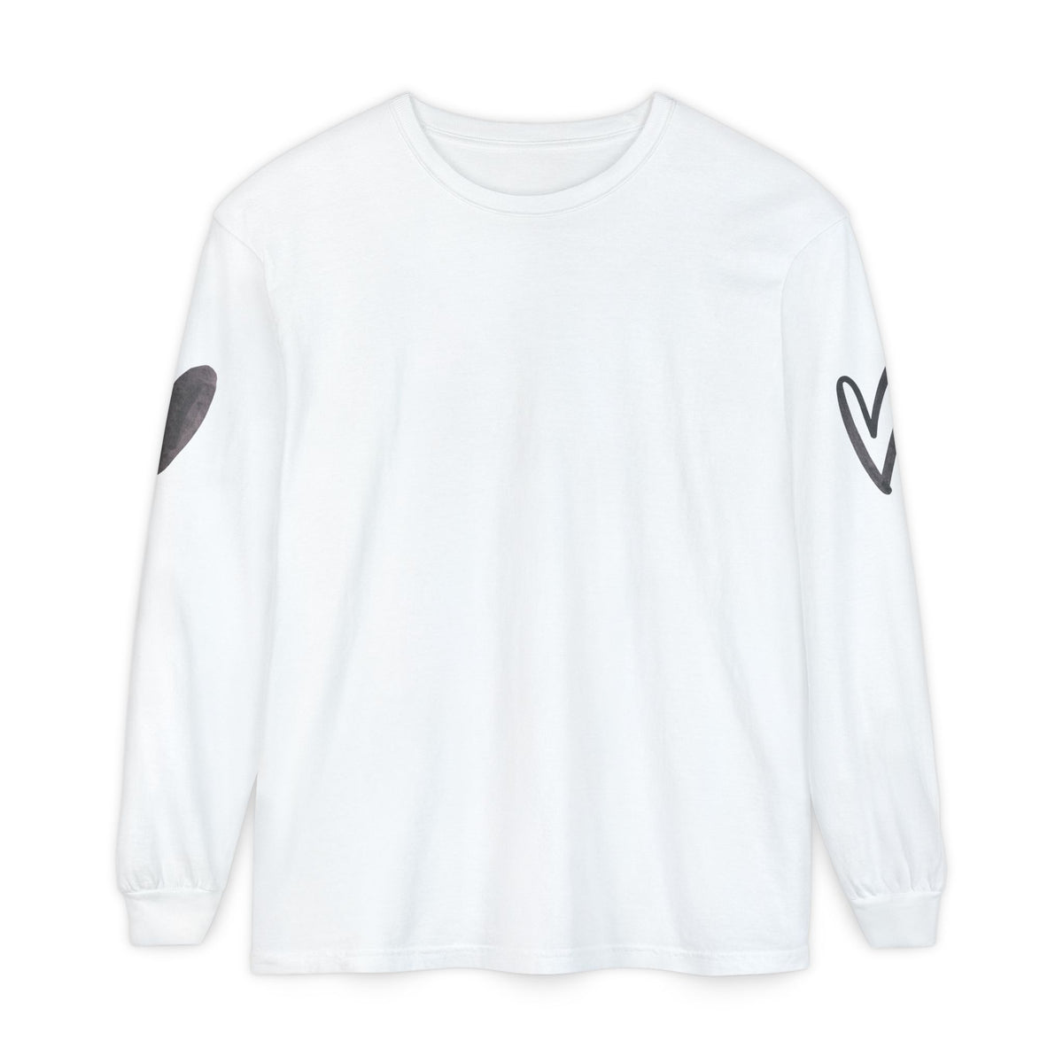 A white long-sleeve crewneck t-shirt with a dark gray abstract heart graphic on the right sleeve and a stylized 'V' logo on the left sleeve, shown against a plain white background.