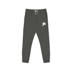 Dark gray sweatpants with a small graphic on a white background