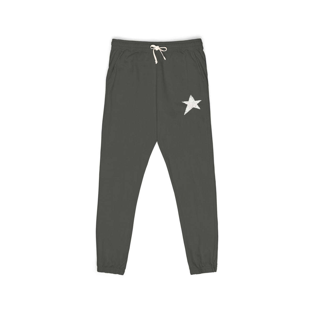 Dark gray sweatpants with a small graphic on a white background