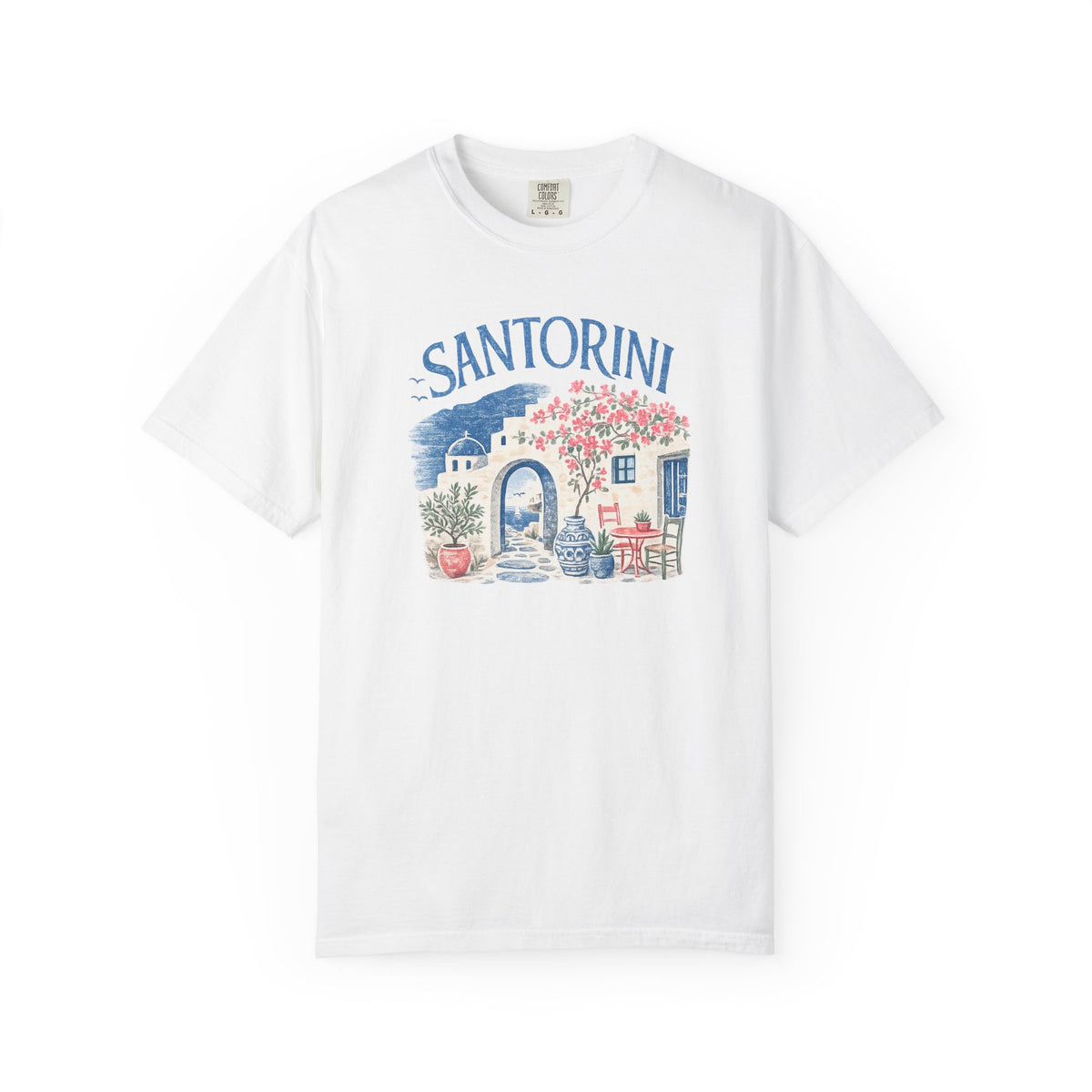 White t-shirt with 'Santorini' graphic design on a white background