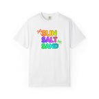 White t-shirt with 'Sun Salt Sand' text in colorful letters on a white background
