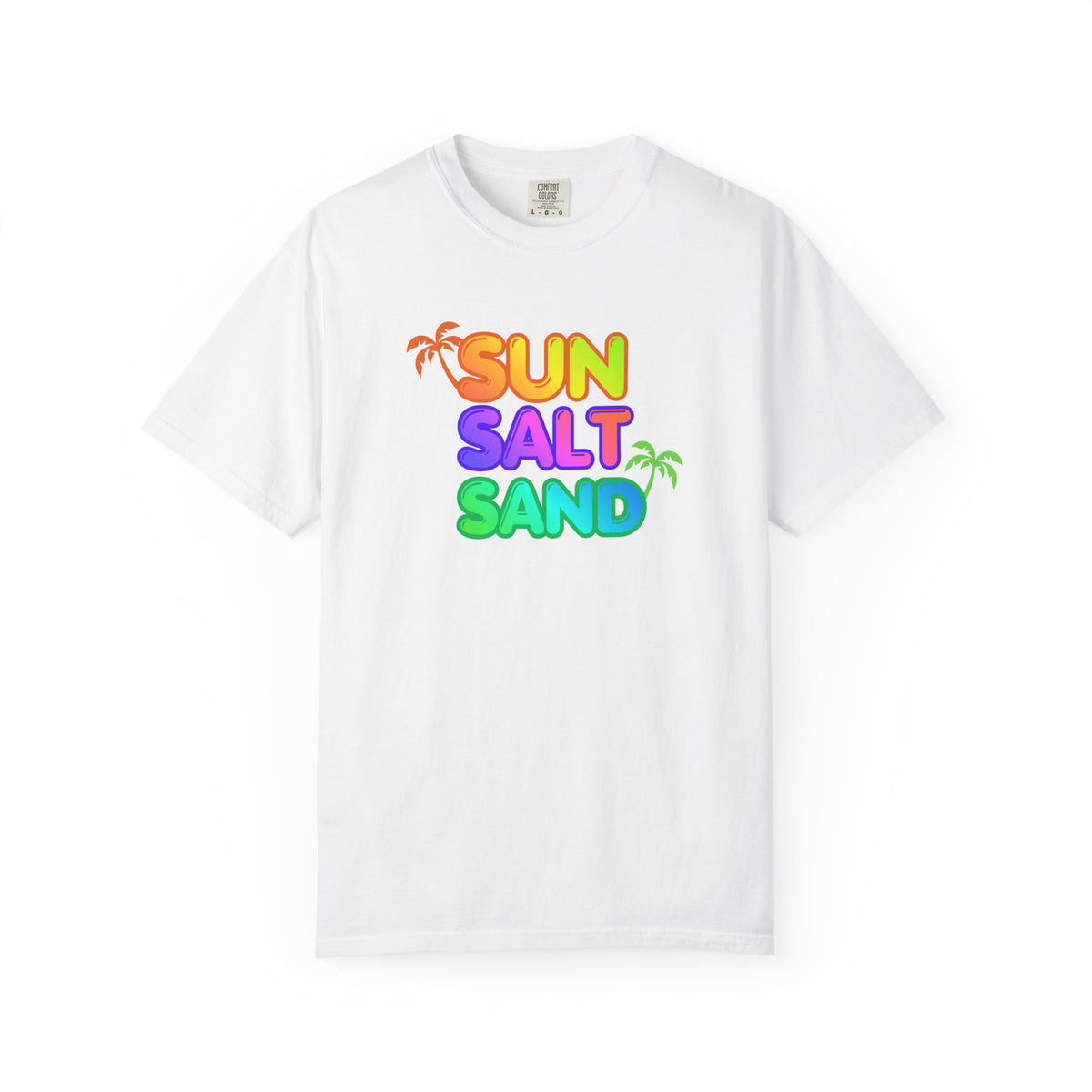 White t-shirt with 'Sun Salt Sand' text in colorful letters on a white background
