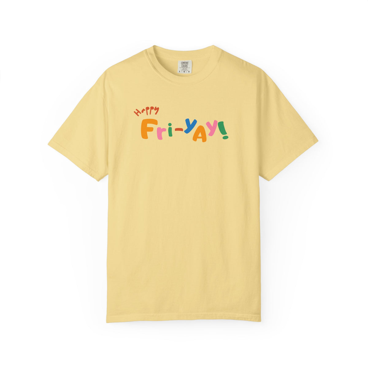 Yellow t-shirt with colorful 'Fri-Yay!' text on a white background