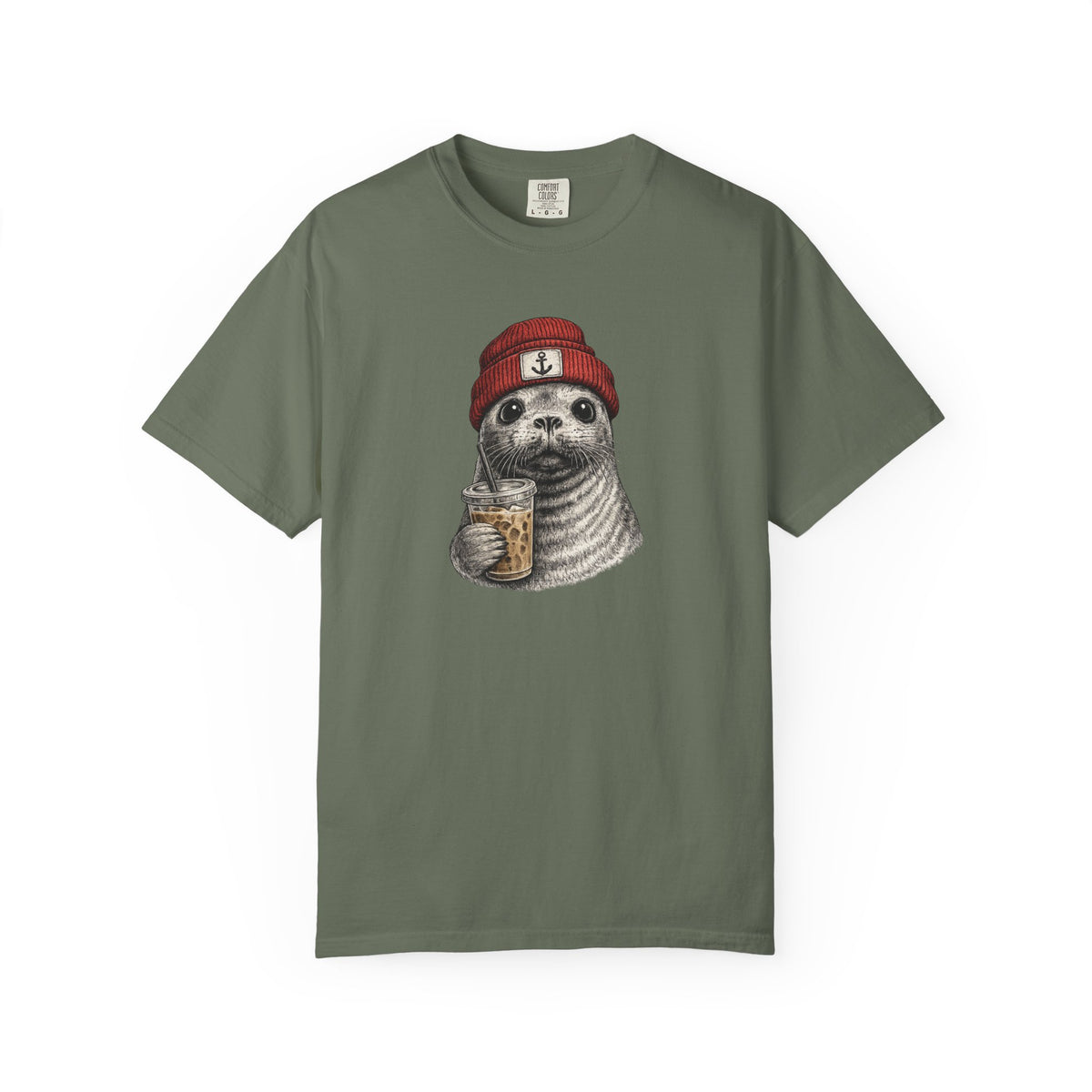 Seal in Beanie with Ice Coffee TShirt — Cute Seal Graphic T-Shirt