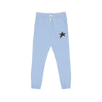Light blue sweatpants with a logo on a white background