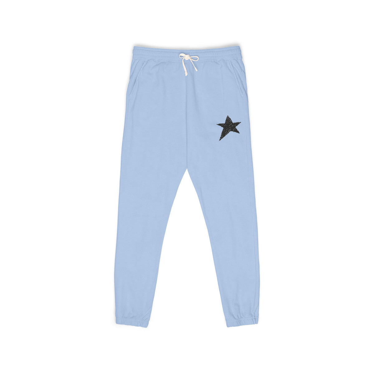 Light blue sweatpants with a logo on a white background