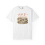 White t-shirt with 'Tuscany, Italy' graphic design on a white background