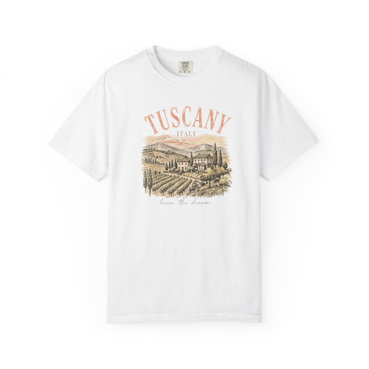 White t-shirt with 'Tuscany, Italy' graphic design on a white background