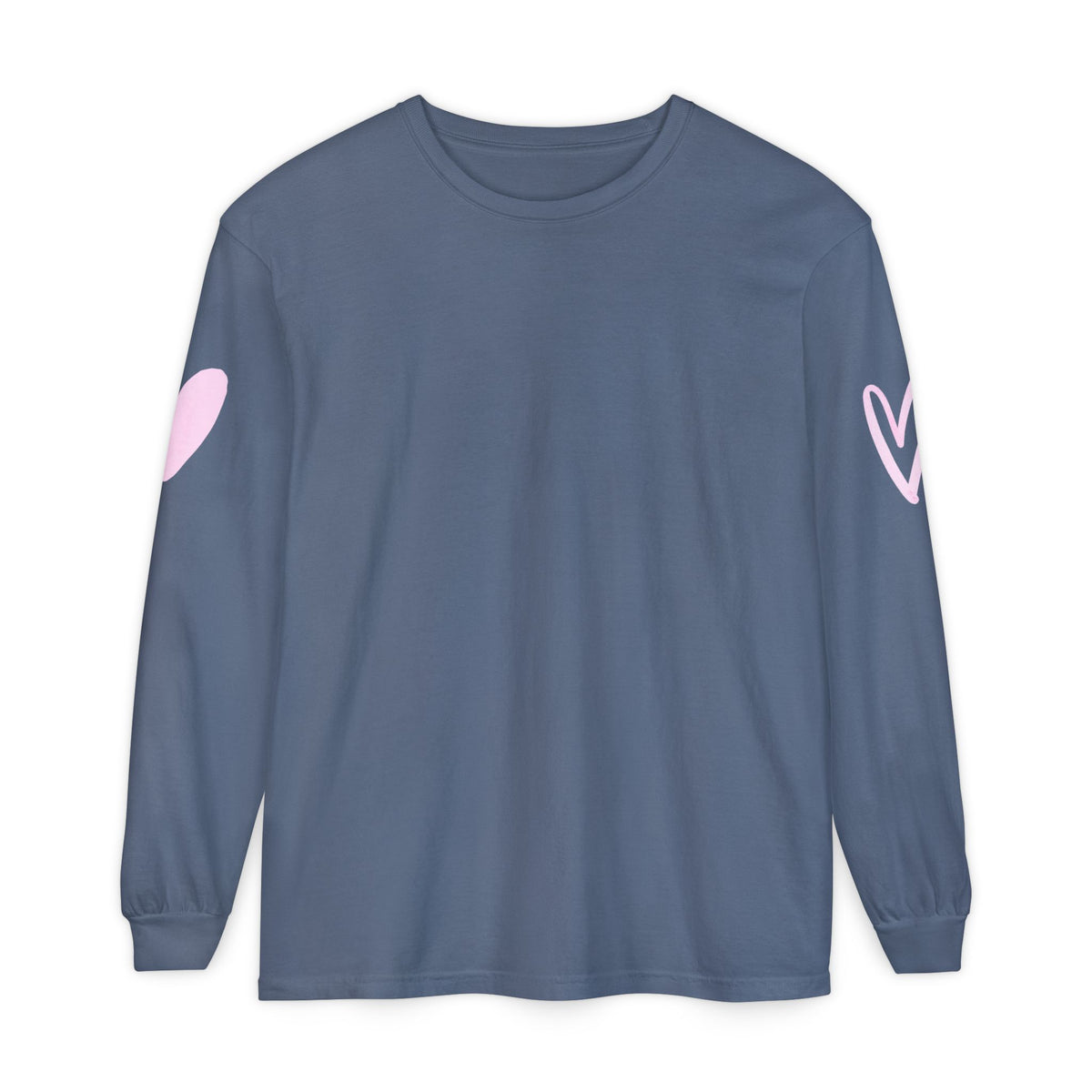 A slate blue long-sleeve t-shirt with a light pink heart graphic on each sleeve, displayed flat against a solid white background.