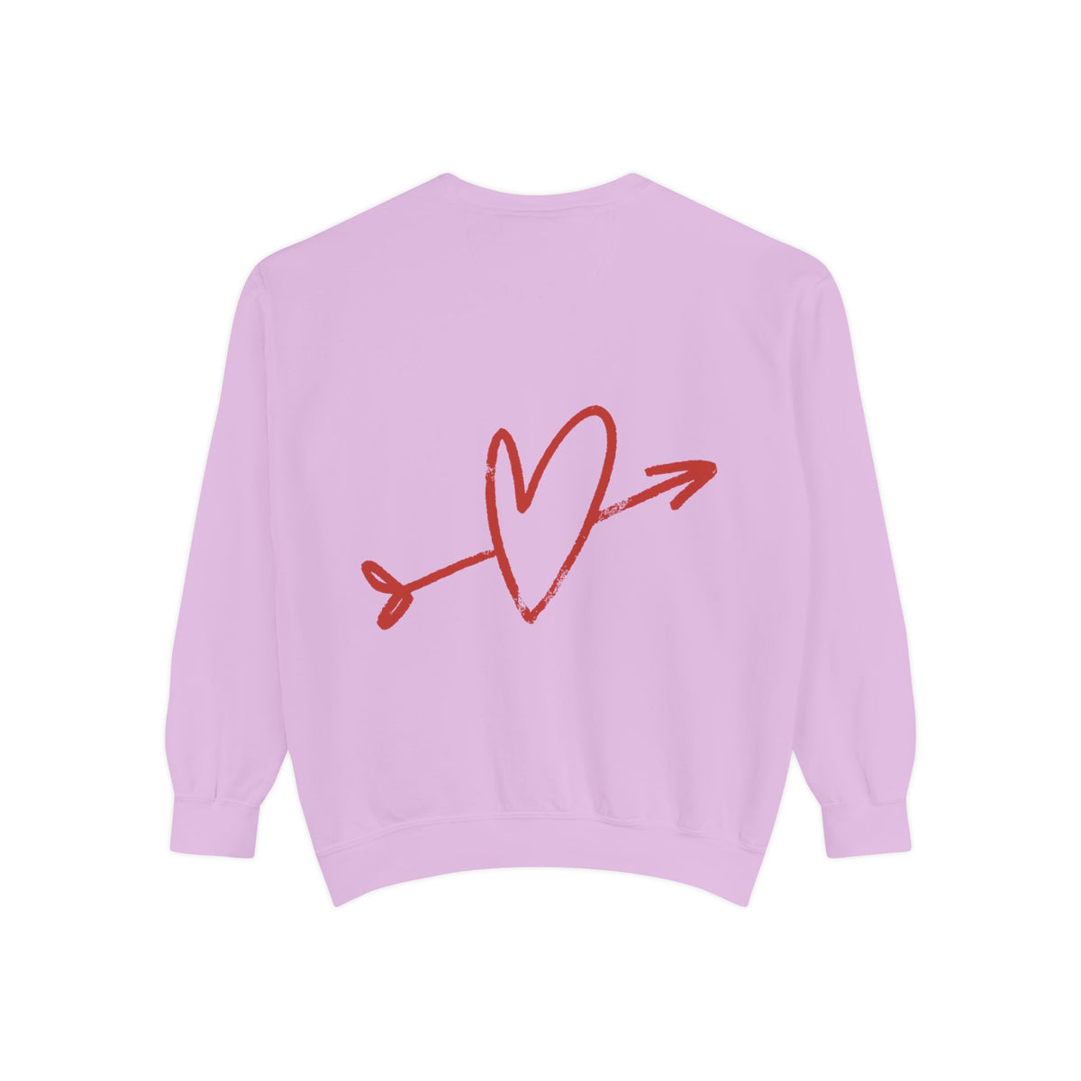 A light purple crewneck sweatshirt shown from the back, featuring a red hand-drawn heart pierced by an arrow graphic on the center back.