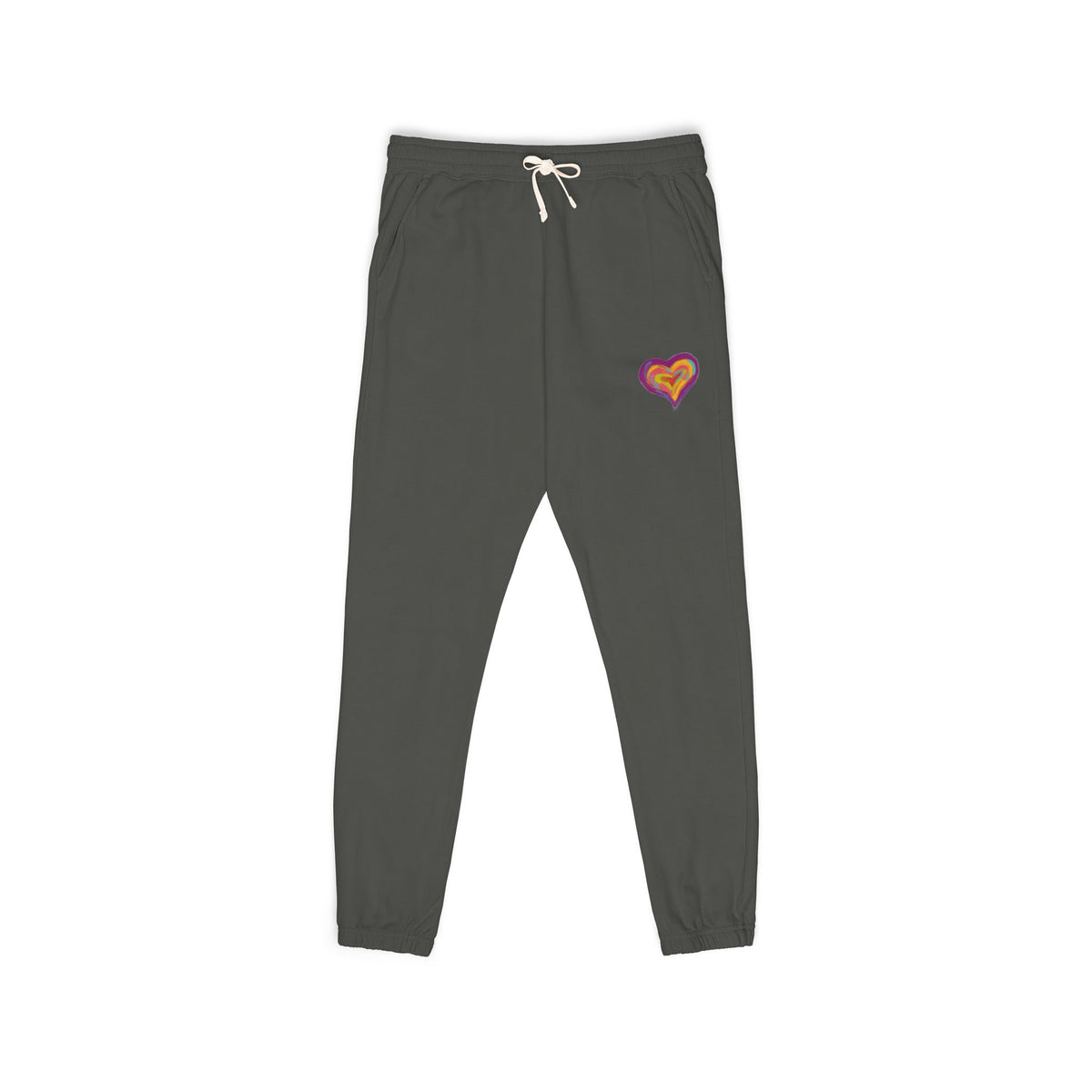 Gray sweatpants with a red logo on a white background