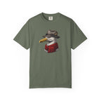 Green t-shirt with a graphic of a pelican wearing a hat and scarf on a white background