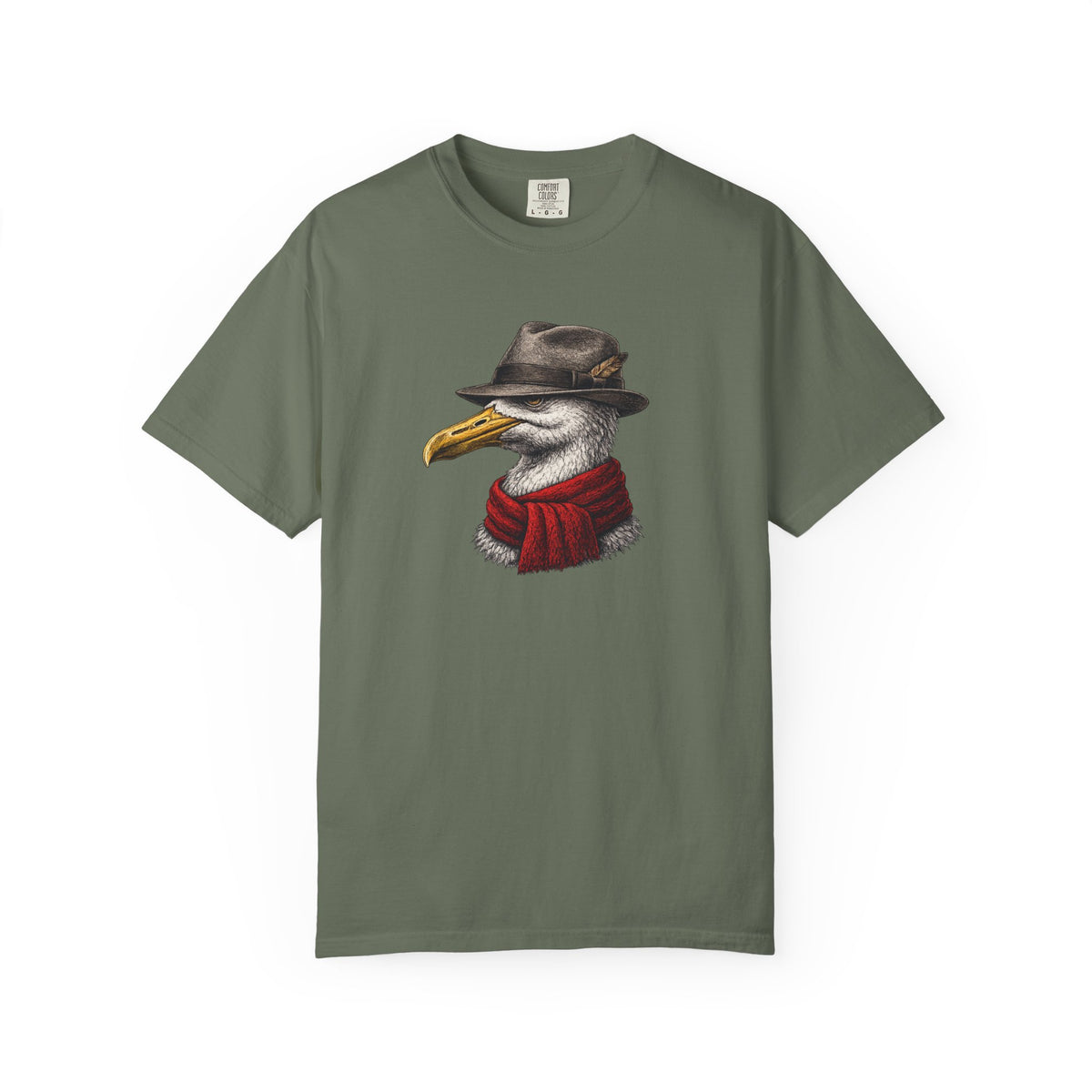 Green t-shirt with a graphic of a pelican wearing a hat and scarf on a white background