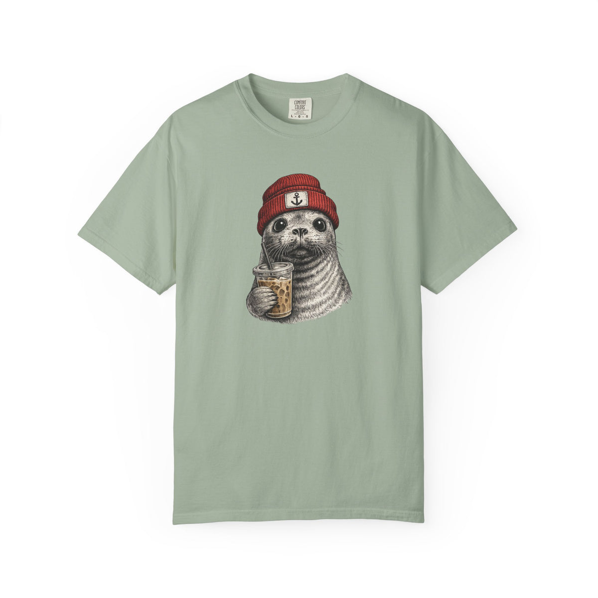 Seal in Beanie with Ice Coffee TShirt — Cute Seal Graphic T-Shirt
