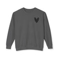 A dark gray crewneck sweatshirt with a small black heart graphic on the left chest, displayed against a plain white background.