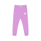 Purple jogger pants with a white star graphic on the left thigh and a white drawstring waist, shown flat on a white background.
