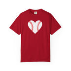A red short-sleeve crewneck t-shirt featuring a white heart-shaped baseball graphic on the chest, displayed against a solid white background.