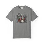 Gray t-shirt with an octopus playing drums graphic design on a white background