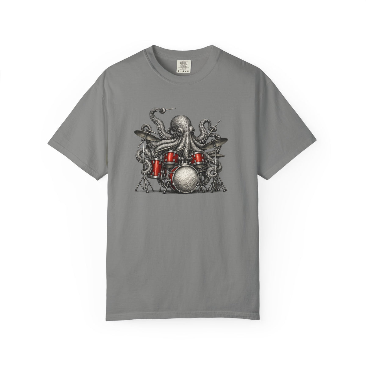 Gray t-shirt with an octopus playing drums graphic design on a white background