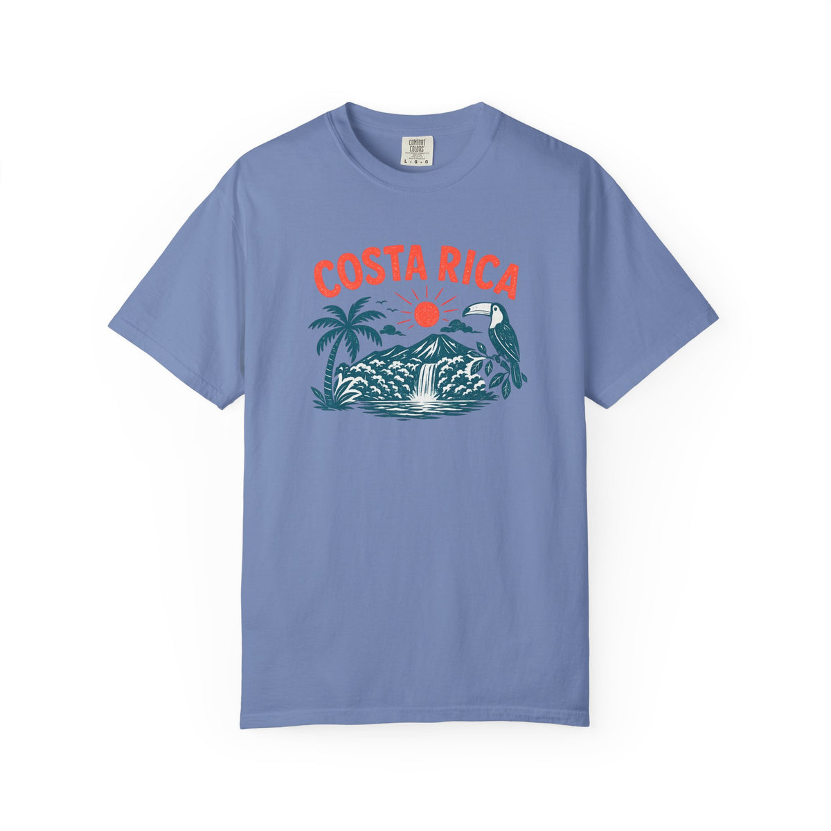 Blue t-shirt with Costa Rica graphic design on a white background