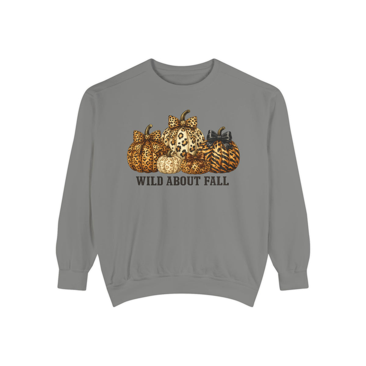 A gray crewneck sweatshirt featuring a graphic of patterned pumpkins and the text 'WILD ABOUT FALL' printed on the chest, displayed against a solid white background.