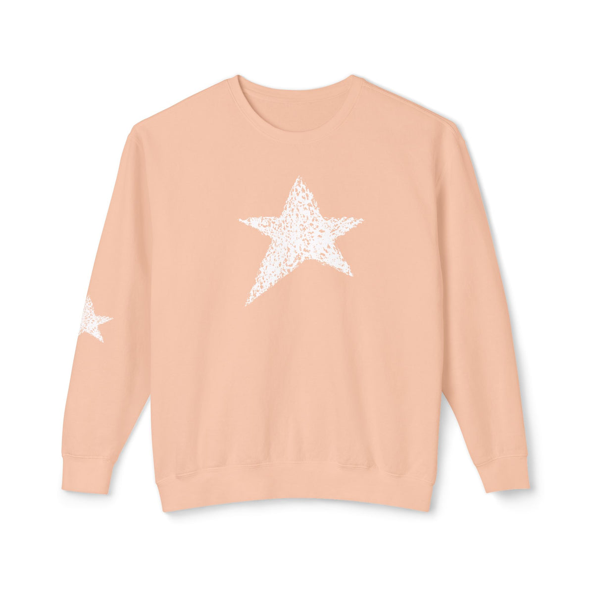 A peach-colored crewneck sweatshirt featuring a large white star graphic on the chest and a smaller matching star on the left sleeve, displayed against a clean white background.